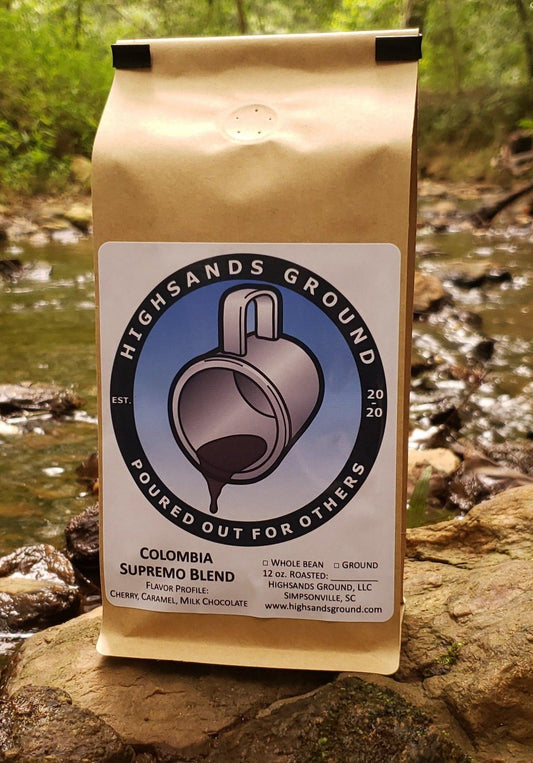 12 ounce bag of Colombia Supremo Blend coffee.